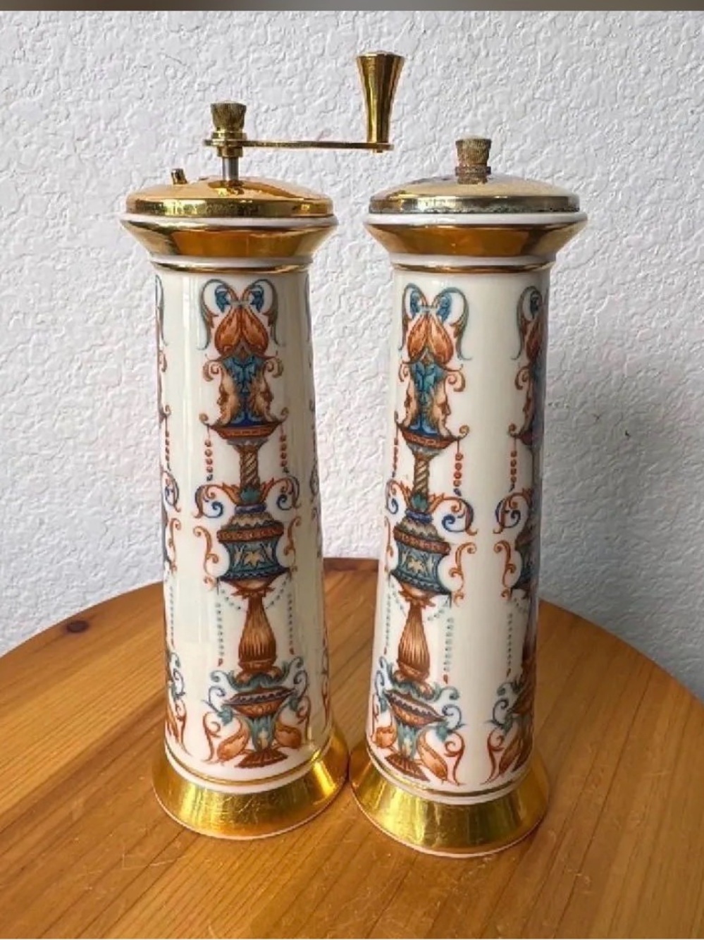 Vintage Lenox White Porcelain Salt and Pepper Mills with Blue and Gold Accents